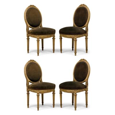 Set of 4 French Louis XVI Style Oval Back Carved Wood Green Velvet Upholstered D