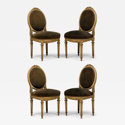 Set of 4 French Louis XVI Style Oval Back Carved Wood Green Velvet Upholstered D