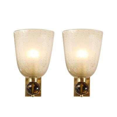 Set of 4 Hand Blown Murano Frosted Glass Sconces W Murine Orbital Drop Detail
