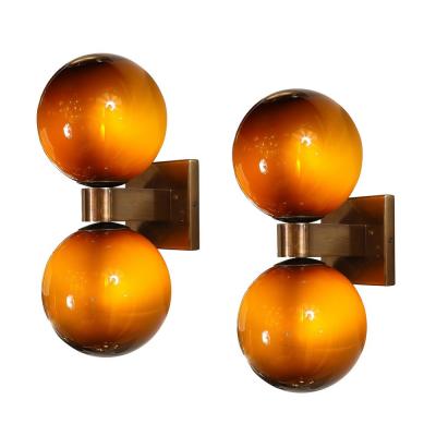 Set of 4 Hand Blown Murano Smoked Tortoise Glass Double Sphere Bronze Sconces