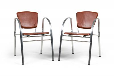 Set of 4 Indecasa Spanish Mid Century Rust Leather and Chrome Arm Chairs