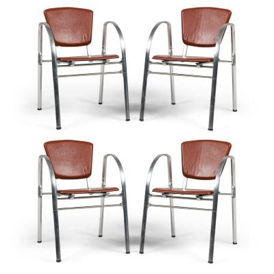 Set of 4 Indecasa Spanish Mid Century Rust Leather and Chrome Arm Chairs