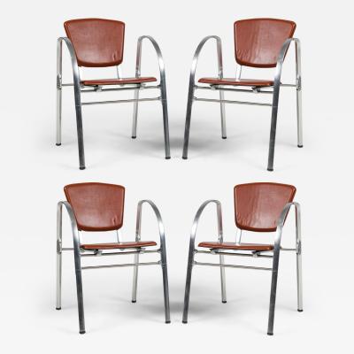 Set of 4 Indecasa Spanish Mid Century Rust Leather and Chrome Arm Chairs