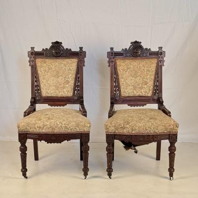 Set of 4 Intricately Carved Eastlake Movement Victorian Dining or Game Chairs