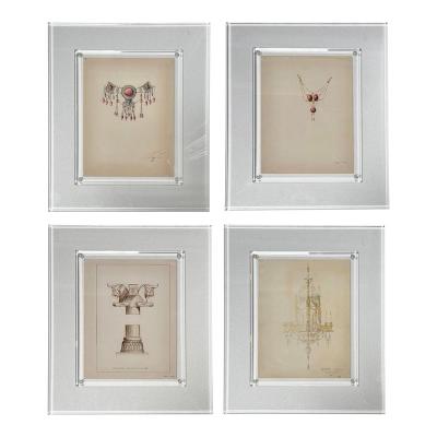 Set of 4 Jewelry and Architecture Watercolors in Lucite Frames