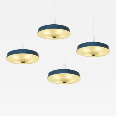 Set of 4 Large Mid Century Pendant Lamps in Painted Metal and Opaline Glass 1960