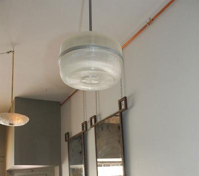 Set of 4 Large Molded Glass Industrial Hanging Lights