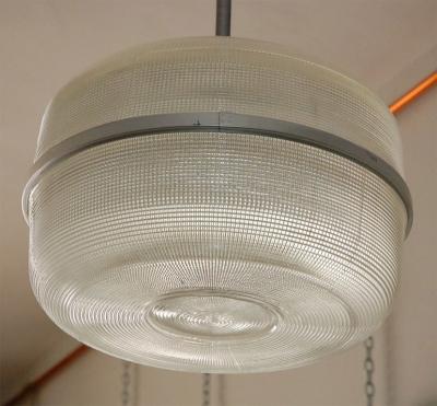 Set of 4 Large Molded Glass Industrial Hanging Lights