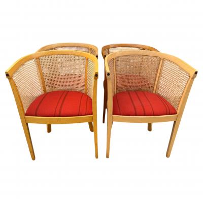 Set of 4 Maple Barrel Back Cane and Upholstered Seat Chairs