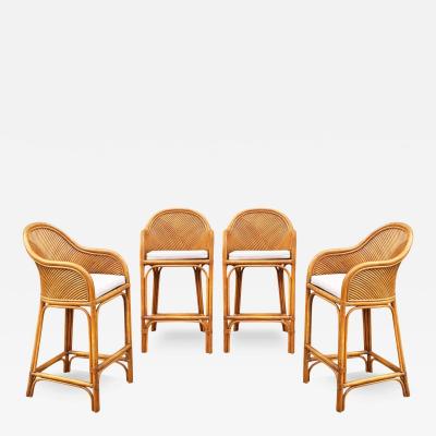 Set of 4 Matching Mid Century Modern Rattan or Bamboo Bar Stools