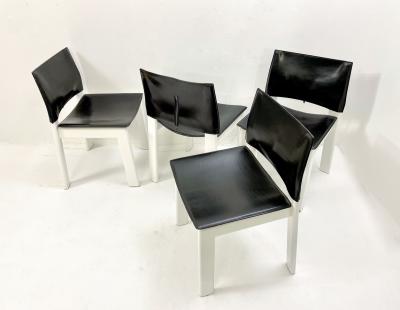 Set of 4 Mid Century Black White Wooden Leather Chairs