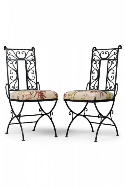 Set of 4 Mid Century Black Wrought Iron Floral Upholstered Side Chairs