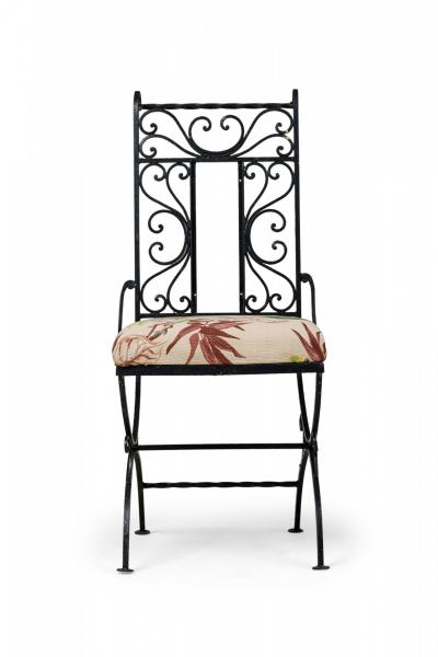 Set of 4 Mid Century Black Wrought Iron Floral Upholstered Side Chairs