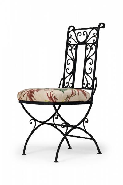 Set of 4 Mid Century Black Wrought Iron Floral Upholstered Side Chairs