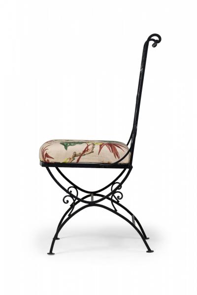 Set of 4 Mid Century Black Wrought Iron Floral Upholstered Side Chairs