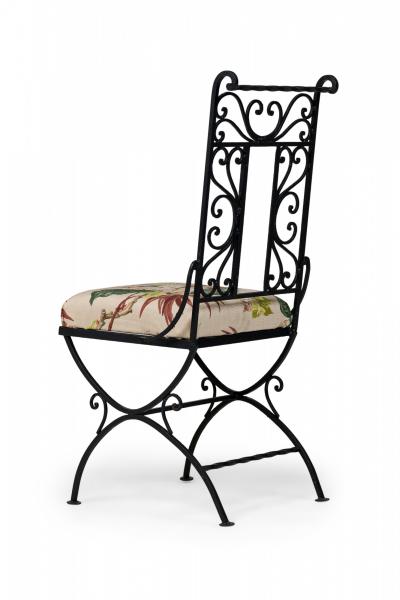 Set of 4 Mid Century Black Wrought Iron Floral Upholstered Side Chairs