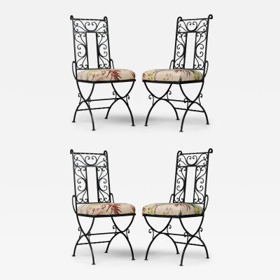 Set of 4 Mid Century Black Wrought Iron Floral Upholstered Side Chairs