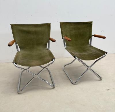 Set of 4 Mid Century Modern Green Canvas Folding Armchairs