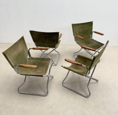 Set of 4 Mid Century Modern Green Canvas Folding Armchairs