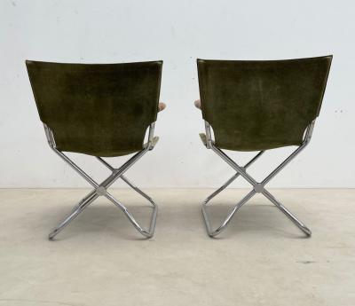 Set of 4 Mid Century Modern Green Canvas Folding Armchairs