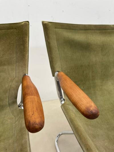 Set of 4 Mid Century Modern Green Canvas Folding Armchairs