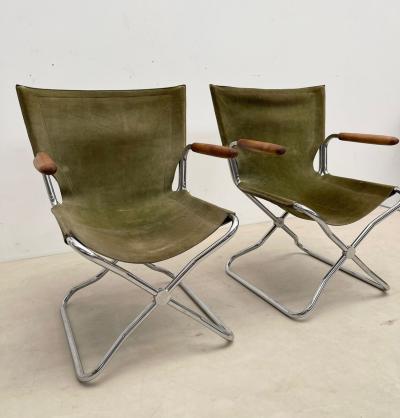 Set of 4 Mid Century Modern Green Canvas Folding Armchairs