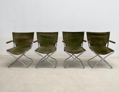 Set of 4 Mid Century Modern Green Canvas Folding Armchairs