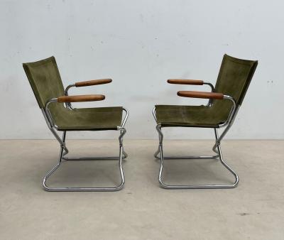 Set of 4 Mid Century Modern Green Canvas Folding Armchairs