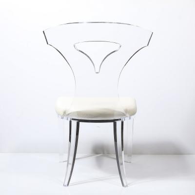 Set of 4 Mid Century Modernist Klismos Lucite Chairs W White Leather Upholstery