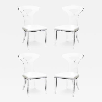 Set of 4 Mid Century Modernist Klismos Lucite Chairs W White Leather Upholstery