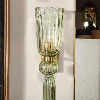 Set of 4 Modern Celadon Handblown Murano Glass Brass Sconces w Elongated Drop
