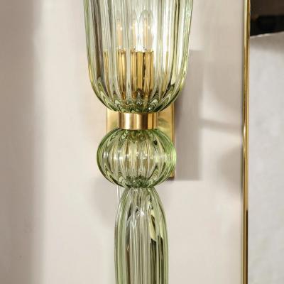 Set of 4 Modern Celadon Handblown Murano Glass Brass Sconces w Elongated Drop