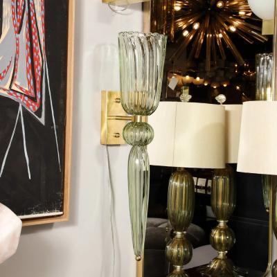 Set of 4 Modern Celadon Handblown Murano Glass Brass Sconces w Elongated Drop