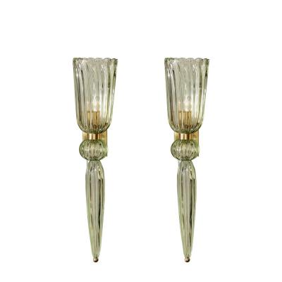 Set of 4 Modern Celadon Handblown Murano Glass Brass Sconces w Elongated Drop