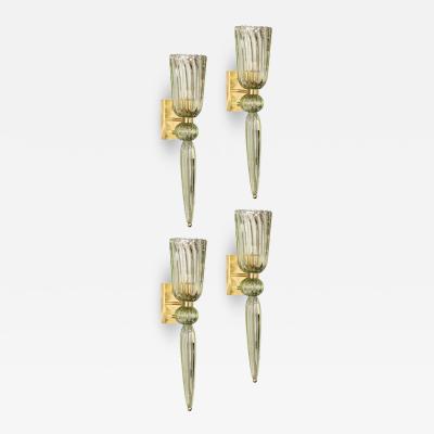 Set of 4 Modern Celadon Handblown Murano Glass Brass Sconces w Elongated Drop
