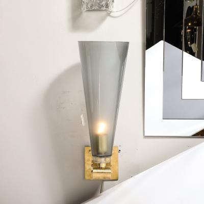 Set of 4 Modern Conical Smoked Graphite Handblown Murano Glass Brass Sconces