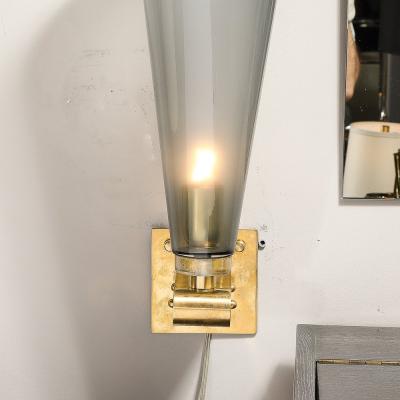 Set of 4 Modern Conical Smoked Graphite Handblown Murano Glass Brass Sconces