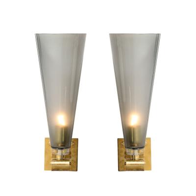 Set of 4 Modern Conical Smoked Graphite Handblown Murano Glass Brass Sconces