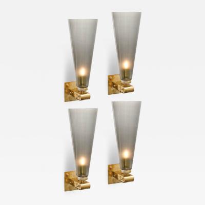 Set of 4 Modern Conical Smoked Graphite Handblown Murano Glass Brass Sconces