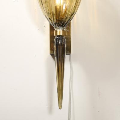 Set of 4 Modern Hand Blown Murano Iridescent Smoked Emerald Glass Fluted Sconces