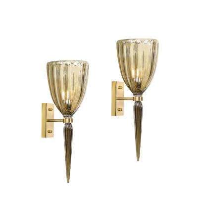 Set of 4 Modern Hand Blown Murano Iridescent Smoked Emerald Glass Fluted Sconces