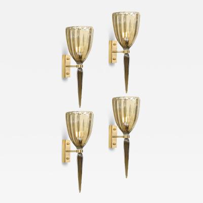 Set of 4 Modern Hand Blown Murano Iridescent Smoked Emerald Glass Fluted Sconces