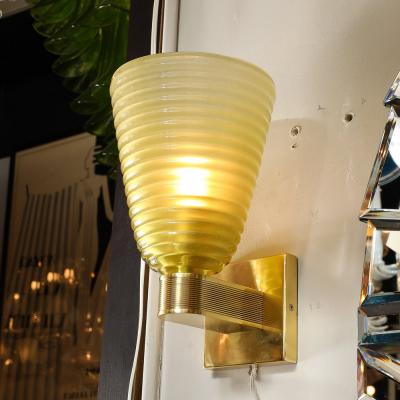 Set of 4 Modern Hand Blown Smoked Peridot Hive Form Murano Glass Brass Sconces