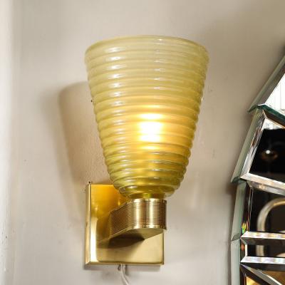 Set of 4 Modern Hand Blown Smoked Peridot Hive Form Murano Glass Brass Sconces