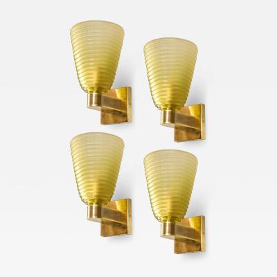 Set of 4 Modern Hand Blown Smoked Peridot Hive Form Murano Glass Brass Sconces