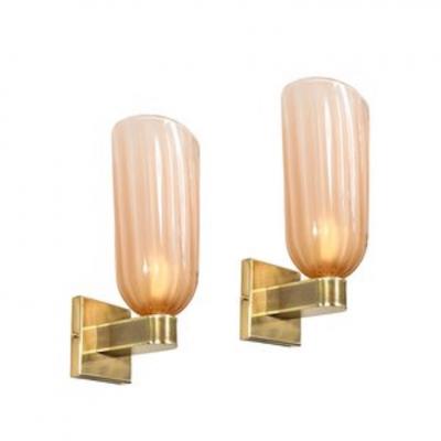 Set of 4 Modernist Brass and Hand Blown Smoked Rose Murano Fluted Glass Sconces
