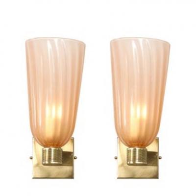 Set of 4 Modernist Brass and Hand Blown Smoked Rose Murano Fluted Glass Sconces