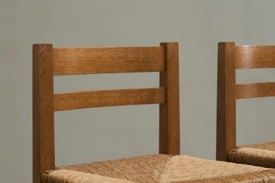 Set of 4 Modernist Chairs in Solid Oak and Straw Belgium 1960s