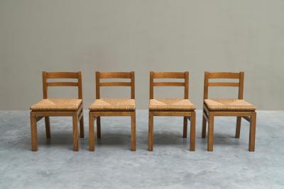 Set of 4 Modernist Chairs in Solid Oak and Straw Belgium 1960s