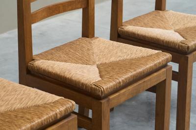 Set of 4 Modernist Chairs in Solid Oak and Straw Belgium 1960s